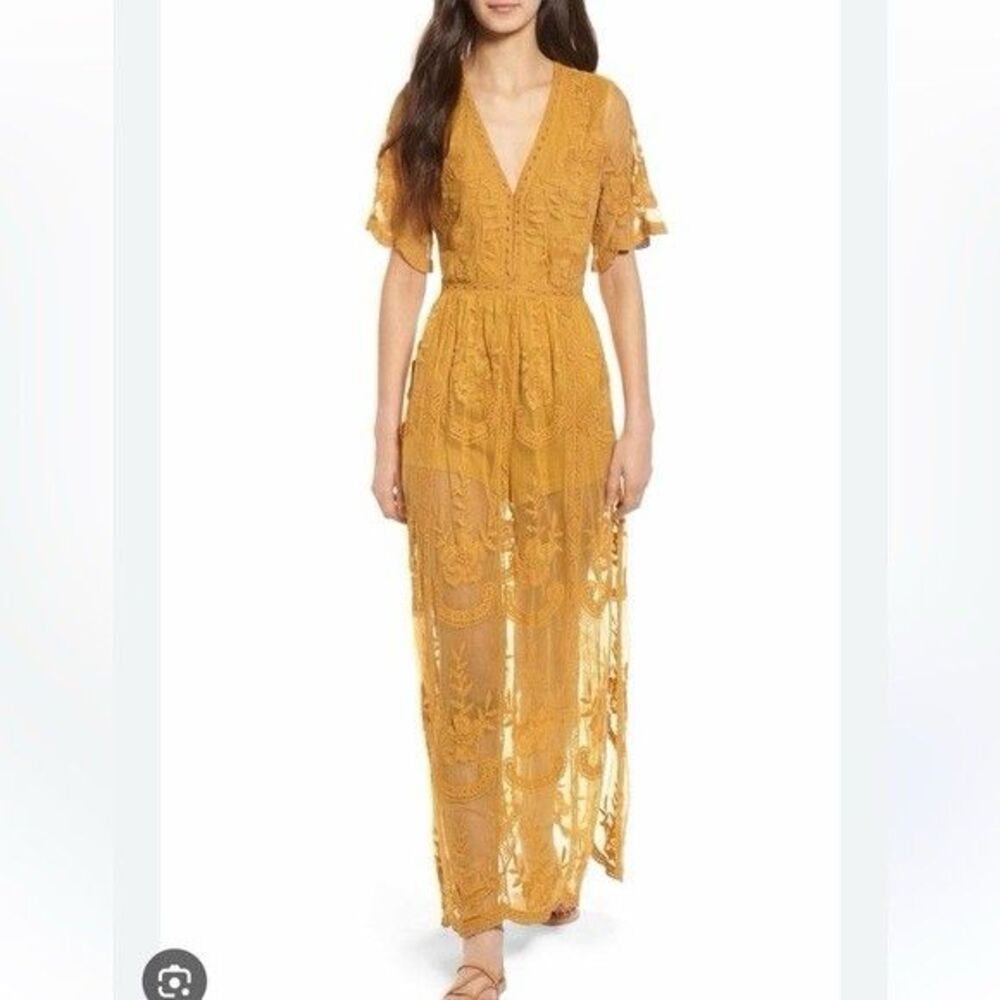Socialite mustard embroidered lace plunge maxi dress Size Xs 100% Nylon & Cotton